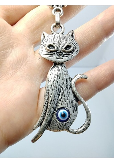 Nazar Boncuğu Metal Kedi Anahtarlık/dikiz Ayna Süsü Hediyelik Eşy