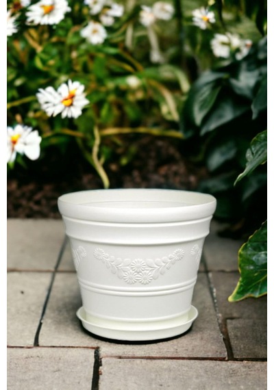 Antik Papatya Desenli Beyaz Saksı 3 Litre Beyaz