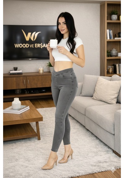 Lüx Wood Sunway 11542 Kadın Jean Görünümlü Yüksek Bel Esnek Denim Tayt Pantolon Gri