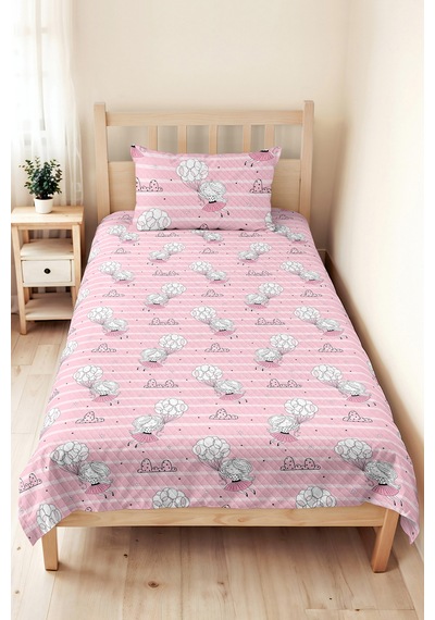 Evimde Bambaşka Pembe Balonlu Kız Çocuk Pike Takımı - Çizgili Beyaz Bebek Odası Mevsimlik Yatak Örtüsü - 160x220  CM