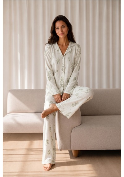 Kadın Desenli Basic Kış Çağla Yeşili Pijama Takımı