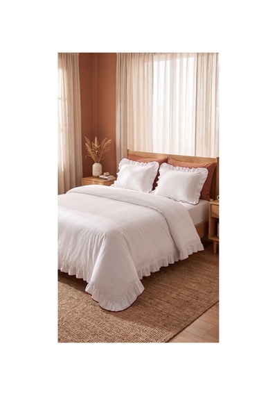 %100 Pamuk Overloklu Fırfırlı Çift Kişilik Nevresim Takımı Lastikli Çarşaflı 200x220 Cm Bordo - 904804703 Bordo