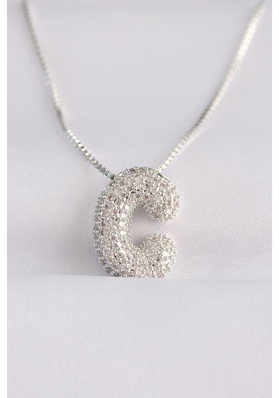 316l Çelik Zincirli Zirkon Taşlı C Harfli Silver Renk Bubble Kolye Karışık Renk