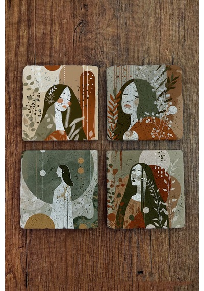 Modern Tasarım Kadın Temalı Doğal Taş Bardak Altlığı - Stone Coasters Çok Renkli