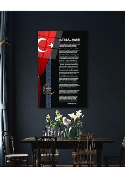 İstiklal Marşı Ve Türk Bayrağı Cam Tablo Modern Ev Ofis Salon Hediyelik Büyük Tablo Duvar Dekoru