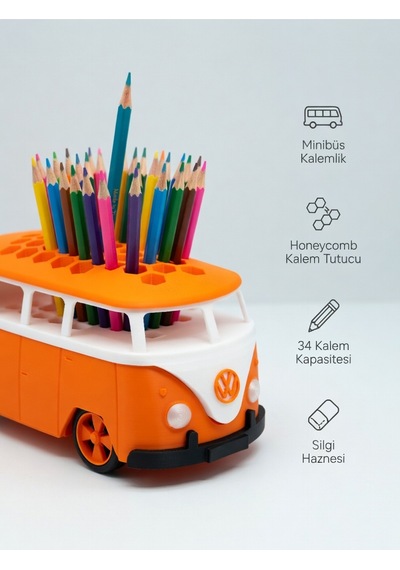 Minibüs Tasarım Turuncu Kalemlik 3d Yazıcı Baskı Honeycomb Petek Kapaklı Masaüstü Aksesuarı Diğer