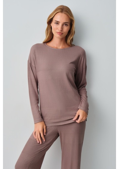Suwen Comfort Geniş Yaka Pijama Takımı Wsh105100951268 Cappuccino