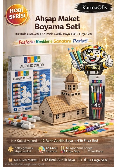 Ahşap Maket Boyama Seti Kız Kulesi 12 Renk Akrilik Boya + 4 Lü Fırça Seti Hobi Ve Eğitim Seti