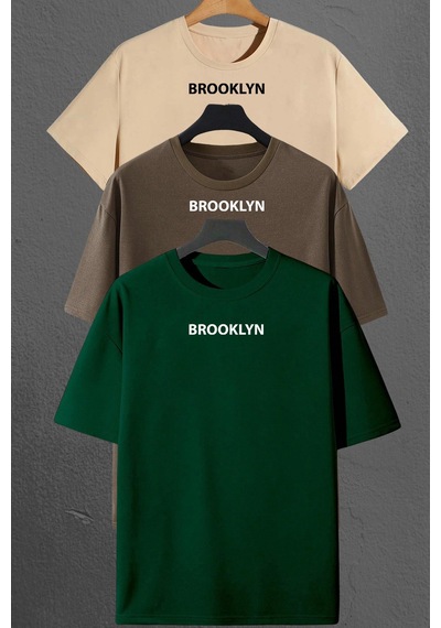 Brooklyn Baskılı Unisex Oversize 3'lü T-shirt Paketi Yeşil