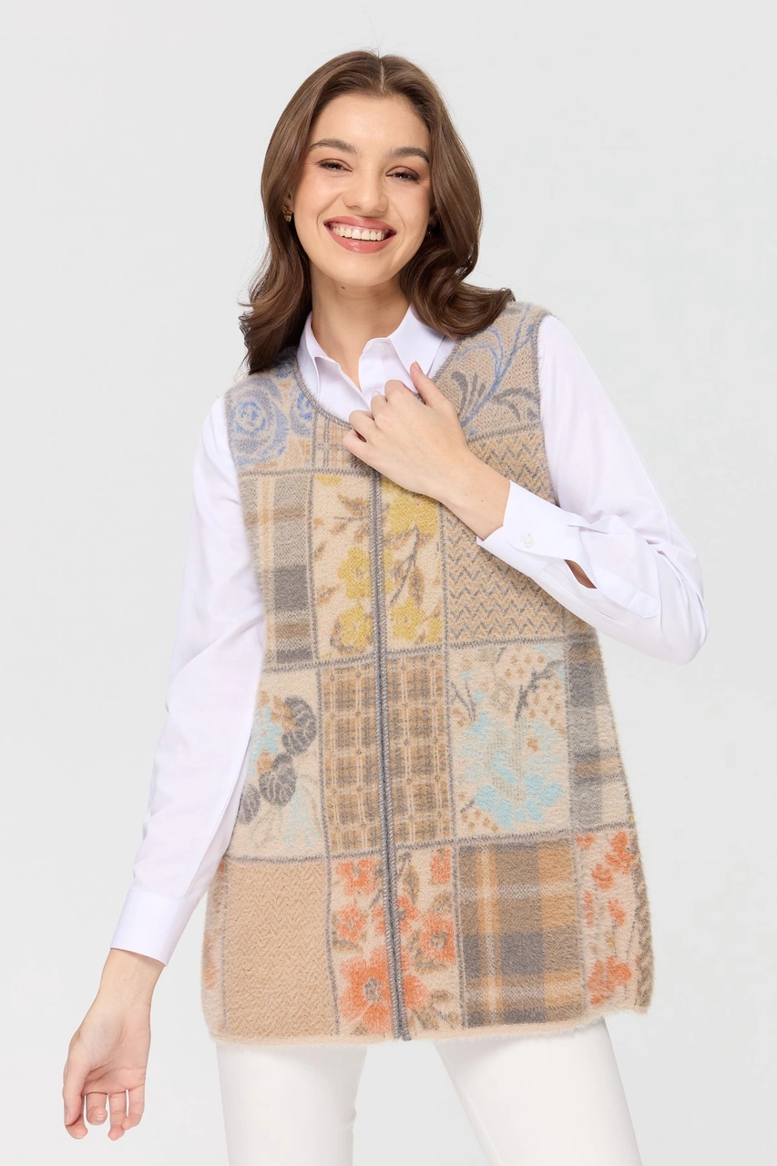 Desen Triko Kadın Sıfır Yaka Patchwork Yelek Bej Bej