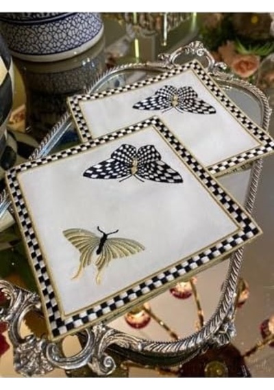 Dantel Evi Kelebek Desenli Nakışlı Kokteyl Sunum Peçetesi Açık Bej