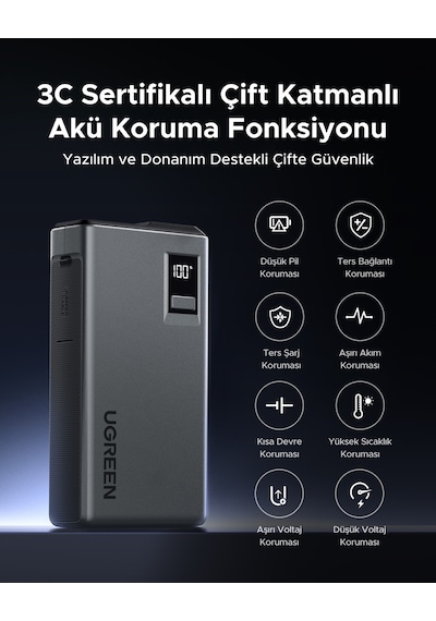 Ugreen 1000a Ultrasafe Araç Akü Takviye Cihazı, 12v 12.000mah Taşınabilir Powerbank Ve Led Acil Durum Işığı, 35977 Gri