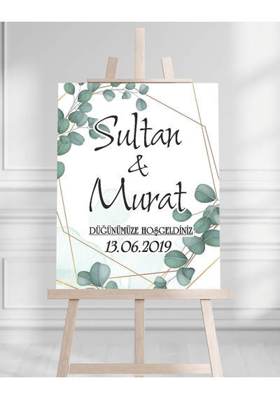 Söz Nişan Düğün İçin 50x70 Karşılama Panosu - Yeşil Yaprak Tasarımlı 001 Beyaz