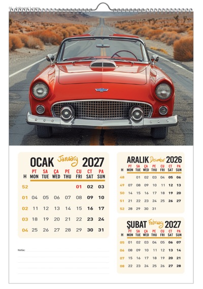 2027 Klasik Araba Duvar Takvimi 33x48 Cm Ebat- 12 Sayfa Diğer