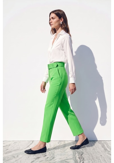 Sateen Yüksek Bel Kemerli Pantolon - Açık Yeşil-132384