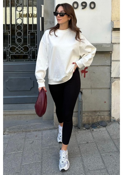 Ekru Bisiklet Yaka Basic Sweatshirt Mg2185