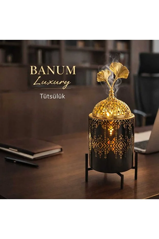 Banum Luxury Lüx Standlı Siyah Altın Desenlı Ev Ve Ofıs İçin Dekorativ Tütsülük