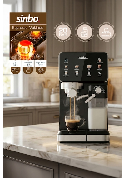 Sinbo SCM 2995 Pro 20 Bar Basınç Süt Haznesi Dokunmatik Kapsüllü & Toz Kahve Espresso Makinesi