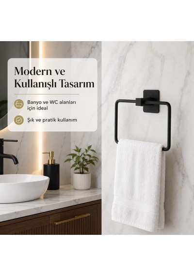 Lexroo Siyah Kare Havluluk, Yapışkanlı Ve Vidalı Montajlı Duvara Monte Havlu Askısı