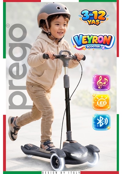 Prego Veyron Bluetoothlu Müzikli Işıklı Çocuk Scooter Katlanabilir - Yükseklik Ayarlı Gri