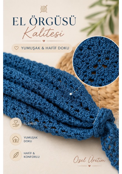 Anne Kız Kombin Bandana El Örgüsü Saç Bandı Bohem Stil Ayarlanabilir 2li Set Lacivert