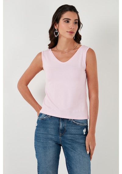 Lela Slim Fit V Yaka Kalın Askılı 2' Li Paket Bayan Bluz 5864384S2 Toz Pembe-Nar Çiçeği