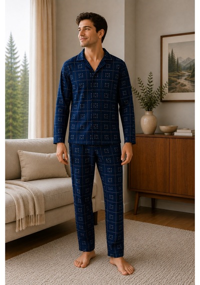 Free Beka Ekose Desenli Uzun Kollu Gömlek Yaka Düğmeli Erkek Pijama Takımı Lacivert
