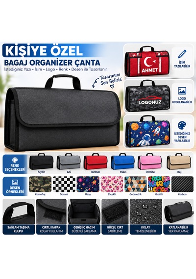 Kişiye Özel Baskılı Bagaj Organizer Çanta İsim, Logo Ve Desen Baskılı, Katlanabilir, Cırtlı Oto Bagaj Düzenleyici 45x25x15