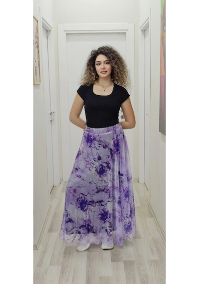 Lodmela Bel Lastikli Kloş Desenli Şifon Etek 6003-mor Mor
