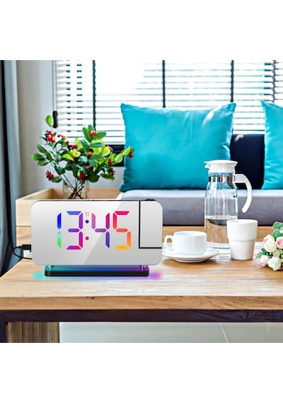 Etashop Rgb Projeksiyonlu Çalar Saat -7ayna Led Dijital Saat Tavana Zaman Yansıtma Usb & Type C Şarj Beyaz