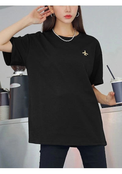 Startmore Kadın Siyah Airplane Baskılı Oversize T-shirt Siyah