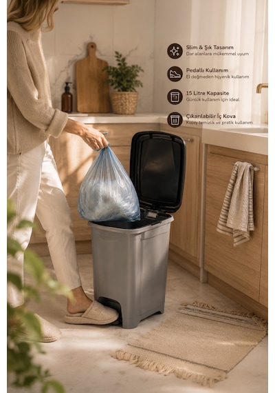 Porsima 0123 Pedallı Metalize Banyo Mutfak Çöp Kovası Siyah Kapaklı Slim Pedallı Çöp Kovası 15 Litre Siyah
