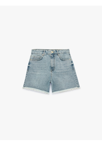 Koton Pamuklu Rahat Kalıp Duble Paça Mini Denim Şort Orta İndigo 6sal40032md