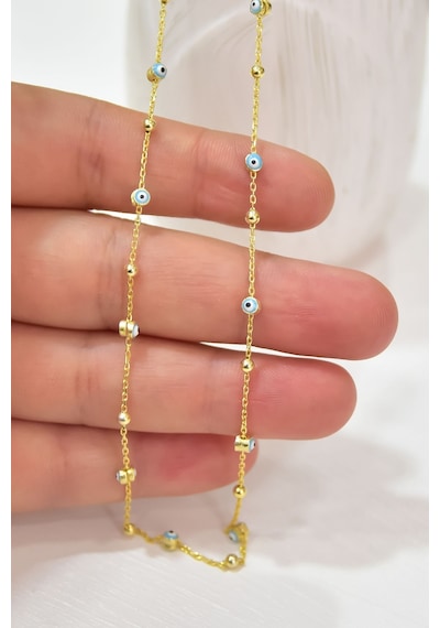 925 Ayar Gümüş Gold Kaplama Firuze Mineli Göz Top Zincir Kolye