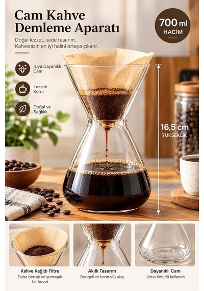 Tr Borosilikat Cam Kahve Demleyici Dripper Kahve Demleme Caraf 700ml