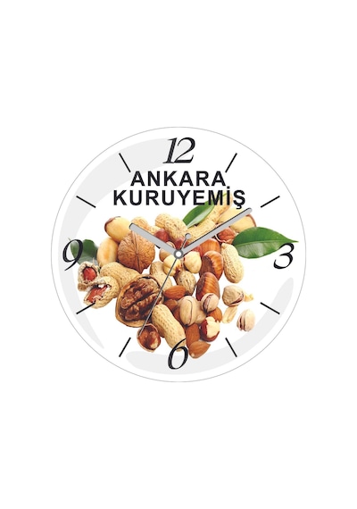 Kişiye Firmaya Özel Kuruyemiş Çap 30cm Sessiz Akar Bombeli Gerçek Cam Duvar Saati Siyah