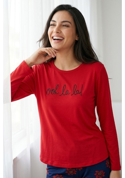 Mataş Kadın Desenli Bambu Viskon Uzun Kollu Soft Örme Mevsimlik Yumuşak Pijama Takımı Kırmızı