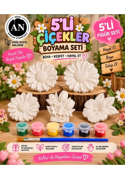 5'li Çiçek Boyama Seti Taş Figür Boyama Kiti 6 Renk Boya Fırça Boyama Rehberi Hobi Seti
