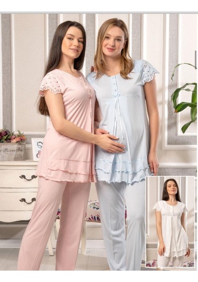 Bone Club 5816 Mavi Vual Penye Hamile Lohusa 3 Lü Pijama Sabahlık Tk 001