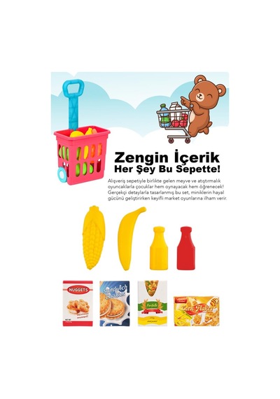 9 Parça Oyuncak Alışveriş Sepeti - Meyve Sebze Atıştırmalık Dolu Kulplu Market Arabası