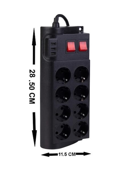 Şahnet FTR-08 8'li Siyah 2 Anahtarlı Akım Korumalı 3USB li Grup P