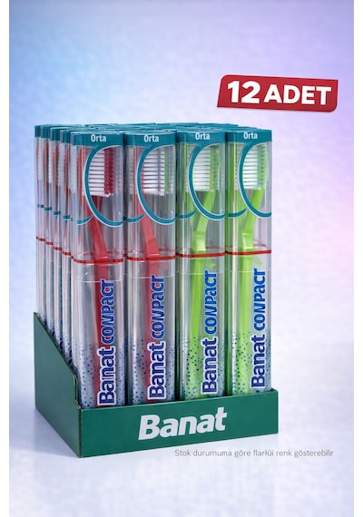 Banat Compact Kutulu Diş Fırçası 12 Adet Orta Sert Standlı Ekonomik Paket