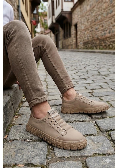Guja 26y518 Rahat Desenli Kauçuk Taban Tekstil Lastik Bağcıklı Sneaker Erkek Ayakkabı Bej