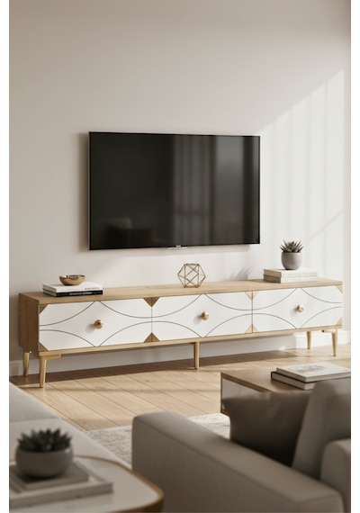 Tsa1897dbg - Alfa Tsa180 Tv Stand, Tv Sehpası Ve Tv Ünitesi Safirmeşe - Beyaz - Gold 180cm