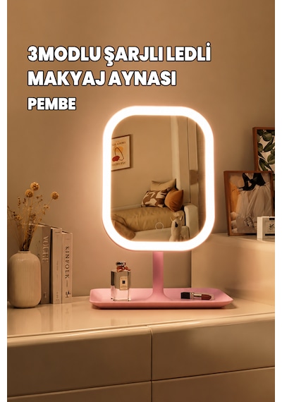 Led'li Makyaj Aynası - 3 Modlu Işıklı Ayna - Şarj Edilebilir Usb - Şarjlı Makyaj Düzenleyici Dokumatik Pembe