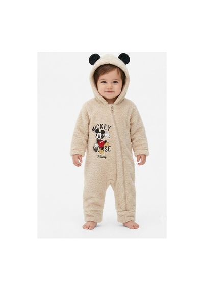 Chicsy Baby Tatlı Bebek Mickey Mouse Welsoft Tulum Nakışlı Kulaklı Kapüşonlu Fermuarlı Peluş Kışlık Bebek Tulumu Krem