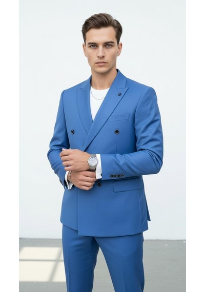 Plus Scorpion Gold Düğmeli Kruvaze Erkek Blazer Ceket Premium Kumaş, Slim Fit Şıklık Bebe Mavisi