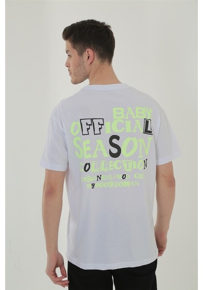 Erkek Baskılı Bisiklet Yaka T-Shirt - Beyaz