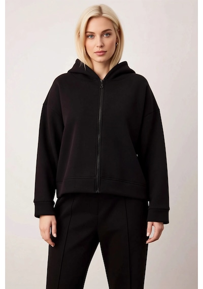 Benerly Kadın Kapüşonlu Düşük Kol Oversize Crop Sweatshirt Fonksiyonel Da siyah