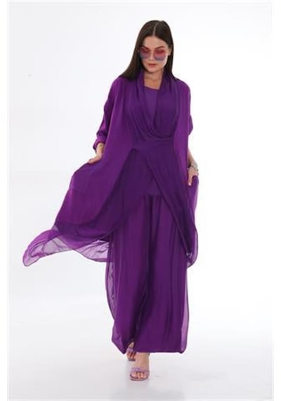 Italyan Ipek Detaylı Oversize Kap Bluz- Wes Pantolon Takım Mor